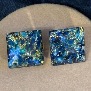 Estate Art Glass Clip-On Earrings Blue-Teal Iridescent Cabochon Ammolite Signed